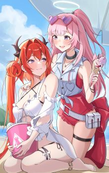 2girls :d absurdres ambriel_(arknights) ambriel_(holiday)_(arknights) arknights beach bikini blush breasts brown_horns bucket buttons cleavage closed_mouth commentary commission crop_top cropped_vest day english_commentary eye_contact eyewear_on_head food grey_vest hair_between_eyes hair_intakes hair_ornament halo hand_on_another's_shoulder heart heart-shaped_eyewear highres holding holding_bucket holding_food holding_ice_cream_cone horns ice_cream_cone infection_monitor_(arknights) jewelry kneeling long_hair looking_at_another medium_breasts mixed-language_commentary multiple_girls necklace nekohitsuj96199 official_alternate_costume one-piece_swimsuit open_mouth outdoors pink_hair pixiv_commission pouch purple_eyes red_hair red_one-piece_swimsuit rhodes_island_logo_(arknights) simple_bird sitting skindentation smile star_(symbol) star_hair_ornament surtr_(arknights) surtr_(colorful_wonderland)_(arknights) swimsuit thigh_strap traditional_halo vest white_bikini white_halo