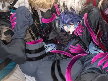 3boys absurdres arms_up bdsm black_shirt black_socks blonde_hair blue_hair bondage bound claws closed_mouth commentary crescent_(cgcrescent) crossed_bangs double-parted_bangs english_commentary finger_in_another&#039;s_mouth flins_(genshin_impact) genshin_impact gradient_hair grey_pants hand_on_another&#039;s_chest hand_on_another&#039;s_thigh highres male_focus multicolored_hair multiple_boys open_mouth pants rerir_(genshin_impact) shirt socks spread_legs tentacles tongue tongue_out varka_(genshin_impact) white_hair yaoi yellow_eyes