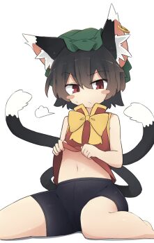 1girl :/ animal_ear_fluff animal_ear_piercing animal_ears bare_arms bare_shoulders bike_shorts black_shorts blush_stickers bow bowtie brown_hair cat_ears cat_tail chen closed_mouth clothes_lift commentary hat highres lifting_own_clothes looking_at_viewer mob_cap multiple_tails navel red_eyes red_vest ro_74 short_hair short_shorts shorts simple_background sitting solo stomach sweatdrop tail touhou two_tails v-shaped_eyebrows vest vest_lift white_background yellow_bow yellow_bowtie