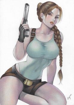 1girl artist_request braid breasts brown_eyes brown_hair curvy fingerless_gloves gloves green_one-piece_swimsuit gun handgun highleg highleg_one-piece_swimsuit highres holding holding_weapon lara_croft large_breasts lips long_braid long_hair looking_at_viewer low-tied_long_hair one-piece_swimsuit shiny_clothes shiny_skin single_braid sitting solo swimsuit swimsuit_under_clothes thick_thighs thighs tomb_raider traditional_media weapon white_background