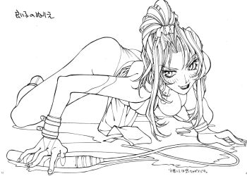1990s_(style) 1girl ass female_focus highres kotobuki_tsukasa leotard lineart looking_at_viewer ponytail retro_artstyle sketch smile sofia toushinden whip