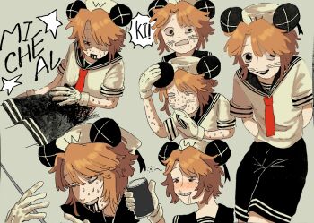 Rule 34 | 1boy, animal ear headwear, arms behind back, black blood, black sailor collar, blonde hair, blood, blood from mouth, can, commentary request, drawn whiskers, drunk, english text, fake animal ears, gloves, grey background, hand on own stomach, hat, hat ribbon, holding, holding can, injury, kinder surprised michael jr., middle part, multiple expressions, multiple views, neckerchief, randal's friends, ribbon, sailor collar, sailor shirt, shirt, short hair, shorts, simple background, surippa simi5-8, sweat, white gloves