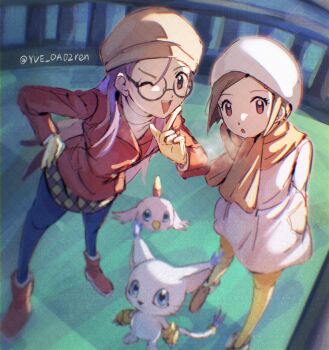 2girls brown_eyes brown_hair coat digimon digimon_(creature) digimon_adventure_02 glasses hat highres inoue_miyako long_hair multiple_girls one_eye_closed poromon purple_hair scarf tailmon twitter_username winter_clothes winter_coat yagami_hikari yue_da02ren