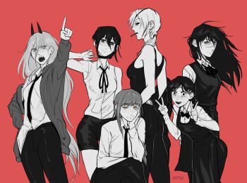 6+girls black_necktie black_pants braid braided_ponytail chainsaw_man closed_mouth collared_shirt cross-shaped_pupils demon_girl demon_horns formal_clothes hair_between_eyes higashiyama_kobeni highres horns long_hair_between_eyes long_sleeves makima_(chainsaw_man) mole mole_on_cheek mole_under_eye mole_under_mouth multiple_girls necktie pants pants_rolled_up ponytail power_(chainsaw_man) quanxi_(chainsaw_man) red_horns reze_(chainsaw_man) ringed_eyes sharp_teeth shirt shirt_partially_tucked_in shirt_tucked_in short_ponytail snagtherabbit symbol-shaped_pupils teeth yellow_eyes yoru_(chainsaw_man)