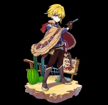 Rule 34 | 1boy, bell, billboard, black background, blonde hair, blue eyes, blue jacket, boots, brandol (merc storia), brown boots, brown pants, cactus, closed mouth, collared jacket, dual wielding, earrings, fence, full body, glasses, gun, hair between eyes, highres, holding, holding gun, holding weapon, jacket, jewelry, long sleeves, merc storia, merc storia art team, official art, pants, short hair, simple background, solo, standing, tachi-e, weapon, wooden fence