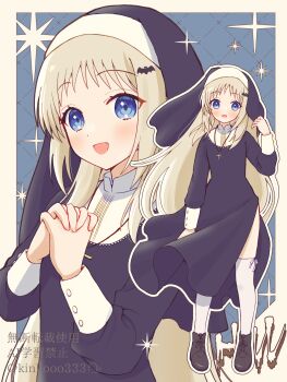 Rule 34 | 1girl, :d, alternate costume, bat hair ornament, black boots, black dress, black veil, blue background, blue eyes, blush, boots, border, commentary request, cross, cross necklace, dress, eyelashes, grey hair, hair ornament, halloween, halloween costume, hand up, hands up, highres, interlocked fingers, jewelry, little busters!, long hair, long sleeves, looking at viewer, multiple views, necklace, noumi kudryavka, nun, open mouth, outline, outside border, own hands together, piyo (kinkooo333), side slit, sidelocks, simple background, smile, sparkle, thighhighs, twitter username, veil, very long hair, watermark, white border, white outline, white thighhighs