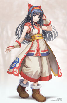 Rule 34 | 1girl, ainu clothes, arm behind head, armpit peek, artist name, black eyes, black hair, boots, breasts, dargain x, feet, fingerless gloves, gloves, hair ribbon, hand on own head, highres, legs, long hair, looking at viewer, nakoruru, pants, ribbon, samurai spirits, small breasts, smile, snk, solo, the king of fighters, the king of fighters xv, thighs, weapon