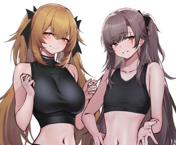 3_small_spiders alternate_costume black_shirt breasts brown_hair collarbone commentary crop_top cropped_torso flat_chest girls'_frontline girls'_frontline_2:_exilium large_breasts lenna_(girls'_frontline_2) leva_(girls'_frontline_2) long_hair looking_at_viewer navel ponytail shirt simple_background smile twintails ump45_(girls'_frontline) ump9_(girls'_frontline) upper_body white_background yellow_eyes