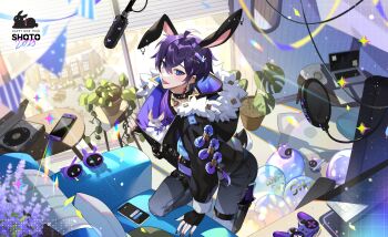 1boy :p absurdres animal_ears balloon black_gloves black_nails blue_eyes cellphone fingerless_gloves fur-trimmed_hood fur_trim gloves highres hood hp_(3000x4500) indie_virtual_youtuber long_sleeves looking_at_viewer male_focus phone purple_hair rabbit rabbit_ears rabbit_tail short_hair shoto_(vtuber) smartphone tail tongue tongue_out virtual_youtuber