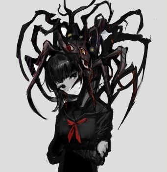 Rule 34 | 1girl, absurdres, arthropod limbs, black eyes, black hair, black sailor collar, black shirt, chuhaibane, crossed arms, extra eyes, head tilt, highres, long sleeves, looking at viewer, medium hair, monster girl, neckerchief, original, pale skin, red eyes, red neckerchief, sailor collar, shirt, simple background, solo, upper body, white background, yellow eyes