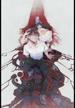 2boys absurdres artist_name back-to-back black_hair black_pants black_shoes blood body_horror closed_mouth collared_shirt commentary english_commentary full_body grin hand_on_another's_head highres hikaru_ga_shinda_natsu indou_hikaru invisible_floor looking_at_viewer male_focus multiple_boys no_mole pants ratkingumi shirt shirt_tucked_in shoes short_hair sitting smile tsujinaka_yoshiki white_hair white_shirt