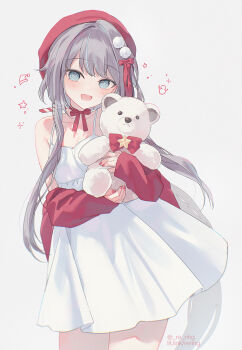 1girl :d bare_shoulders beret blue_hair bow christmas collarbone commentary_request dress genshin_impact grey_background grey_eyes grey_hair guizhong_(genshin_impact) hat hugging_object jacket long_sleeves looking_at_viewer multicolored_hair nail_polish off_shoulder open_clothes open_jacket open_mouth pleated_dress puffy_long_sleeves puffy_sleeves red_bow red_hat red_jacket red_nails silltare simple_background single_hair_intake sleeveless sleeveless_dress sleeves_past_wrists smile solo star_(symbol) streaked_hair stuffed_animal stuffed_toy teddy_bear twitter_username watermark web_address white_dress