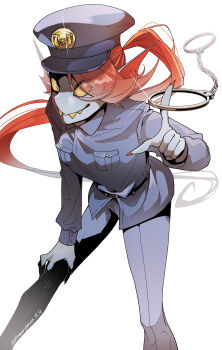 1girl absurdres belt bent_over black_belt blue_hat blue_jacket blue_pants breasts buttons chief_undyne closed_mouth collared_jacket colored_sclera colored_skin colored_teeth commentary_request cuffs deltarune denim eyes_visible_through_hair fangs feet_out_of_frame fins grey_eyes grey_skin hair_over_one_eye hammpenn hand_on_own_thigh handcuffs hat head_fins high_ponytail highres holding holding_handcuffs index_finger_raised jacket jeans long_hair long_sleeves looking_at_viewer nail_polish pants pocket police police_hat police_uniform policewoman ponytail red_hair red_nails simple_background small_breasts smile solo sparkle standing twitter_username undyne utdr_(toby_fox) very_long_hair white_background yellow_sclera yellow_teeth