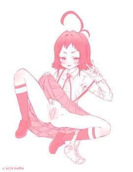 1girl ahoge anus artist_name bandaid bandaid_on_pussy chikuwan full_body kimi_no_koto_ga_dai_dai_dai_dai_daisuki_na_100-nin_no_kanojo loli long_sleeves looking_at_viewer naughty_face open_mouth panties panties_around_leg pleated_skirt school_uniform shirt shoes short_hair simple_background skirt smile socks solo spread_legs underwear v white_background white_shirt yakuzen_kusuri