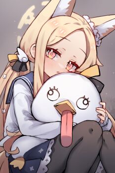 1girl animal_ears black_pantyhose blonde_hair blue_archive blue_sailor_collar blue_skirt cardigan closed_mouth cosplay extra_ears fox_ears fox_girl grey_background halo hifumi_(blue_archive) hifumi_(blue_archive)_(cosplay) highres holding holding_stuffed_toy long_hair looking_at_viewer miniskirt miya_(miyaruta) pantyhose parted_bangs peroro_(blue_archive) pink_eyes sailor_collar seia_(blue_archive) simple_background sitting skirt sleeves_past_wrists solo stuffed_animal stuffed_toy twintails very_long_hair white_cardigan yellow_halo