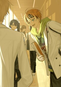 18trip 22kolink 5boys ahoge black_headband book commentary green_hoodie hair_between_eyes headband highres holding holding_book hood hoodie indoors isotake_akuta jacket kaguya_muneuji kinugawa_kiroku kurama_ushio long_sleeves looking_at_another male_focus multiple_boys nanamegi_nanaki open_clothes open_jacket open_mouth orange_hair short_hair smile symbol-only_commentary white_jacket window