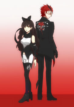 1boy 1girl adam_taurus asaginokoto back-to-back bad_id bad_pixiv_id black_hair black_thighhighs blake_belladonna bow breasts gloves gradient_background hair_bow jacket long_hair mask medium_breasts red_hair rwby scarf thighhighs yellow_eyes