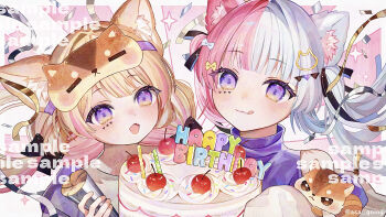 Rule 34 | 2girls, animal ear fluff, animal ears, asa going, birthday cake, blonde hair, blunt bangs, blush, cake, cat ears, cat girl, cat hair ornament, character request, cherry, closed mouth, commentary, commentary request, english commentary, food, fruit, hair ornament, happy birthday, highres, indie virtual youtuber, long hair, looking at viewer, mixed-language commentary, multicolored hair, multiple girls, open mouth, pink background, pink hair, purple eyes, smile, split-color hair, tongue, tongue out, two-tone hair, virtual youtuber, white hair