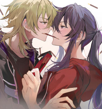 Rule 34 | 2boys, black jacket, black shirt, blonde hair, blush, box, brown eyes, collarbone, commentary request, drawstring, embarrassed, ensemble stars!, face-to-face, food, from side, furrowed brow, hair between eyes, hair intakes, hakaze kaoru, hand on another's arm, highres, holding, holding box, hood, hoodie, jacket, kanzaki souma, kaoso, long hair, medium hair, motoyui, multiple boys, nape, open clothes, open jacket, parted lips, pocky, pocky kiss, ponytail, profile, purple eyes, purple hair, red hoodie, red jacket, shared food, shirt, sidelocks, sideways mouth, sweatdrop, track jacket, upper body, v-shaped eyebrows, wavy mouth, white background, wolf cut, yaoi