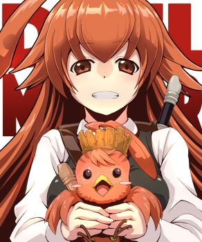 1girl ahoge backpack bag bird black_vest brown_bag brown_eyes clenched_teeth commentary_request creature duel_masters duel_masters_play's flute highres holding holding_creature huge_ahoge instrument kokko_rupiko long_sleeves looking_at_viewer pompomblink recorder shirt smile teeth upper_body vest white_shirt