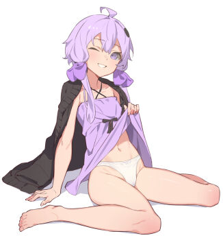 Rule 34 | 1girl, ahoge, barefoot, blush, cardigan on shoulders, clothes lift, commentary request, dress, dress lift, flat chest, full body, highleg, highleg panties, highres, lifting own clothes, looking at viewer, navel, one eye closed, panties, purple dress, purple eyes, purple hair, short hair with long locks, simple background, sitting, smile, solo, underwear, vocaloid, voiceroid, wariza, white background, white panties, yamamomo (plank), yuzuki yukari