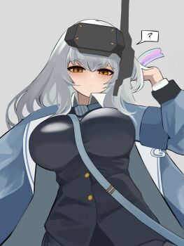 1girl ? absurdres black_vest blue_jacket blue_necktie blush breasts closed_mouth commentary cosplay goddess_of_victory:_nikke grey_hair hair_between_eyes head-mounted_display highres holding holding_ticket jacket large_breasts long_hair long_sleeves looking_at_viewer necktie open_clothes open_jacket pleated_skirt shirt skirt snow_white_(nikke) soline_(frost_ticket)_(nikke) soline_(frost_ticket)_(nikke)_(cosplay) soline_(nikke) solo spoken_question_mark ticket vest visor_(armor) visor_lift white_hair yakii_(yak11) yellow_eyes