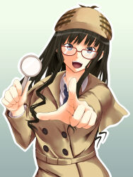 Rule 34 | 1girl, amagami, beret, black hair, blue background, blue eyes, blue necktie, brown capelet, brown coat, brown hat, capelet, coat, curly hair, detective, drill hair, foreshortening, glass, gradient background, hat, highres, holding, holding magnifying glass, long hair, looking at viewer, magnifying glass, morishima haruka, necktie, open mouth, pointing, pointing at viewer, red-framed eyewear, saitou shouki, solo, thick outlines, upper body