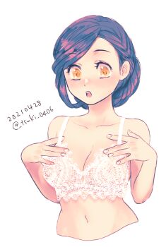 1girl blue_hair bra braid breasts cleavage commentary_request cropped_torso dated hitsuki_(hiidukii) honzuki_no_gekokujou lace lace-trimmed_bra lace_trim medium_breasts myne_(honzuki_no_gekokujou) navel open_mouth orange_eyes twitter_username underwear white_bra