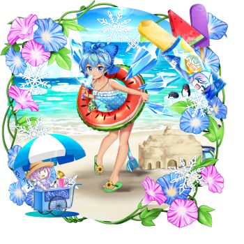 2girls alternate_costume beach bell bird blue_bow blue_eyes blue_flower blue_hair blue_one-piece_swimsuit blue_sky bow brown_hat character_print cirno collarbone day flip-flops flower food food_print fruit_print game_cg hair_bow hat highres holding holding_bell holding_food holding_popsicle ice ice_wings innertube letty_whiterock looking_at_viewer morning_glory multiple_girls ocean official_art one-piece_swimsuit penguin popsicle print_innertube purple_flower purple_scarf rotte_(1109) sand_sculpture sandals scarf sky snowflakes solo_focus straw_hat sunflower swim_ring swimsuit tan tanned_cirno third-party_source toes touhou touhou_lostword translation_request transparent_background umbrella watermelon_print wings yellow_flower