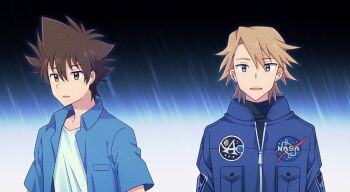 Rule 34 | 2boys, blonde hair, blue eyes, blue jacket, brown eyes, brown hair, digimon, digimon adventure, ishida yamato, jacket, male focus, medium hair, momofukki, multiple boys, shirt, upper body, white shirt, yagami taichi