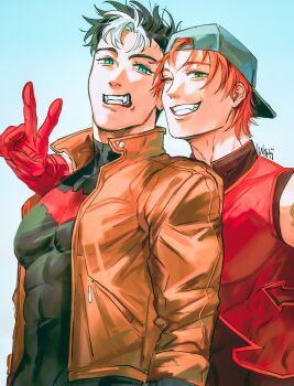 absurdres arsenal_(dc) backwards_hat bat_signal batman_(series) batman_symbol black_bodysuit black_hair bodysuit brown_jacket dc_comics gloves green_eyes grey_bodysuit hat highres iwakki jacket jason_todd male_focus multicolored_bodysuit multicolored_hair multiple_boys muscular muscular_male open_clothes red_hood_(dc) red_hood_and_the_outlaws roy_harper short_hair superhero_costume taut_bodysuit two-tone_bodysuit