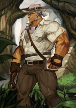 Rule 34 | 1boy, absurdres, bara, blue eyes, brown gloves, brown pants, bulge, chest hair, facial hair, gloves, goatee, goggles, goggles around neck, grey hair, highres, large pectorals, live a hero, male focus, marfik (live a hero), muscular, muscular legs, old, old man, pants, pectorals, short hair, sideburns, solo, thighs, traver009, white headwear
