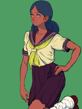 1girl aqua_eyes bindi black_hair commentary dark-skinned_female dark_skin green_background gundam hand_on_own_hip highres lalah_sune medium_hair mobile_suit_gundam neckerchief nucca_dzuke school_uniform serafuku simple_background solo standing standing_on_one_leg yellow_neckerchief