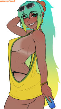 1girl aqua_eyes aqua_hair arm_behind_head ass bead_choker beads black_panties blonde_hair blush bracelet brazilian_miku breasts can commentary cowboy_shot dark-skinned_female dark_skin earrings english_commentary from_side gradient_hair hair_between_eyes hatsune_miku highres holding holding_can hoop_earrings jewelry large_breasts lips long_hair looking_at_viewer multicolored_hair nose panties patreon_username ponytail ribs sideboob sidelocks simple_background smile solo stopu sunglasses tan tank_top tanline teeth underwear very_long_hair vocaloid white-framed_eyewear white_background yellow_tank_top