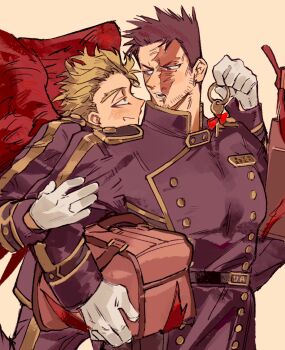 2boys beard_stubble blonde_hair boku_no_hero_academia commentary endeavor_(boku_no_hero_academia) english_commentary facial_hair fanga0909 feathers hawks_(boku_no_hero_academia) highres holding holding_back holding_key key looking_at_another male_focus multiple_boys open_mouth red_feathers red_hair red_wings scar scar_across_eye scar_on_face smile stubble wings