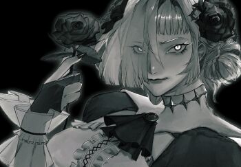 1girl ascot black_background black_nails breasts close-up eyeshadow flower greyscale hair_flower hair_ornament hair_over_one_eye highres kromer_(project_moon) limbus_company long_hair looking_at_viewer makeup monochrome project_moon rose short_hair unknown_sakaki white_hair