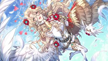 1girl aia_amare aia_amare_(3rd_costume) aiadmirer_(aia_amare) aqua_eyes blonde_hair blue_sky blush breasts cape commentary english_commentary epaulettes extra_eyes eyewear_strap falling_feathers feathers flying formal_clothes glasses gloves half_gloves hand_on_own_cheek hand_on_own_face heart heart-shaped_pupils high_heels highres kingchenxi long_hair loving_aura low_wings medium_breasts nijisanji nijisanji_en sky suit symbol-shaped_pupils virtual_youtuber white_suit wings