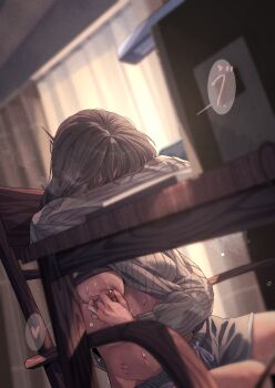 1girl absurdres breasts commentary_request female_masturbation highres huyunokure indoors masturbation medium_breasts nipple_stimulation nipple_tweak original shorts sitting solo speech_bubble sweat sweater