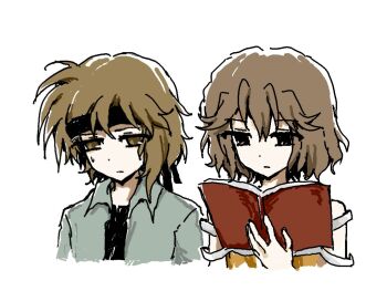 2others bare_shoulders benny_(len&#039;en) black_eyes black_headband black_shirt book brown_eyes brown_hair chinese_commentary closed_mouth collared_jacket commentary_request cropped_torso dot_nose empty_eyes expressionless green_jacket headband holding holding_book jacket kurohebi kuzu_suzumi len&#039;en light_frown looking_ahead multiple_others open_book open_clothes open_jacket orange_jacket parent_and_child reading shirt short_hair short_sleeves simple_background single_sidelock sleeveless sleeveless_jacket sweatdrop weihe_wuya_xiang_zhuo_tai white_background