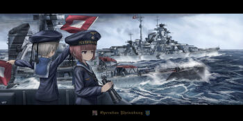 2girls absurdres anti-aircraft anti-aircraft_gun battleship binoculars bismarck_(battleship) black_border blue_sailor_collar blue_shirt border brown_eyes brown_hair cannon clothes_writing cloud cloudy_sky commentary cruiser english_commentary grey_hair hat highres holding holding_binoculars kantai_collection kk90 kriegsmarine long_sleeves looking_to_the_side mast military military_vehicle multiple_girls nazi_war_ensign ocean on_ship prinz_eugen_(cruiser) revision sailing sailor_collar sailor_hat ship ship_turret shirt short_hair signal_flag sky smokestack upper_body warship watercraft waves weapon world_war_ii z1_leberecht_maass_(kancolle) z3_max_schultz_(kancolle)