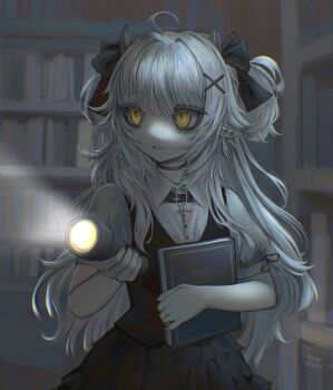 1girl absurdres ahoge black_dress black_ribbon book bookshelf collared_shirt commentary commission cowboy_shot dress flashlight grey_hair hair_ornament hair_ribbon highres holding holding_book indoors library long_hair looking_to_the_side mdm4 original parted_lips ribbon shirt shirt_under_dress short_sleeves solo symbol-only_commentary white_shirt x_hair_ornament yellow_eyes