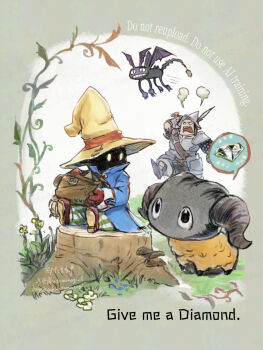 2boys adelbert_steiner akatamanegi_ill angry armor black_mage_(final_fantasy) blue_coat chainmail coat commentary commentary_request creature diamond_(gemstone) english_commentary final_fantasy final_fantasy_ix furrowed_brow gloves hat hat_feather helmet highres holding holding_sack knight looking_at_another male_focus multiple_boys on_tree_stump open_mouth pants pauldrons plate_armor red_gloves sack shoulder_armor sitting striped_clothes striped_pants tree_stump twitter_username vivi_ornitier wizard_hat yellow_eyes