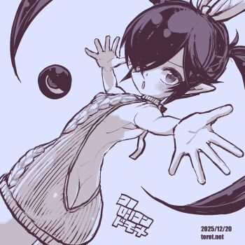 1girl ;o armpits back backbeako_(torotei) backbeard blue_background blue_theme blush bow breasts commentary dated dated_commentary dutch_angle from_behind gegege_no_kitarou hair_bow hair_over_one_eye kono_lolicon_domome loli long_hair looking_at_viewer looking_back monochrome naked_sweater one_eye_closed open_mouth original outstretched_arms outstretched_hand paid_reward_available pointy_ears simple_background small_breasts solo sweater torotei translated twintails variant_set very_long_hair virgin_killer_sweater watermark web_address