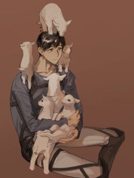 1boy animal baby_animal bertolt_hoover blue_shirt boots brown_background brown_eyes brown_hair chest_harness closed_mouth collarbone commentary_request double-parted_bangs harness holding holding_animal knee_boots lamb long_sleeves looking_at_animal looking_up male_focus on_head on_shoulder pants phsm sheep shingeki_no_kyojin shirt short_hair simple_background sitting smile solo white_pants