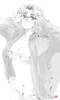 Rule 34 | 1girl, alternate costume, amagami, bandeau, bespectacled, breasts, cleavage, closed mouth, collarbone, commentary request, curly hair, glasses, greyscale, hands up, highres, jacket, long sleeves, looking at viewer, medium breasts, messy hair, mike156, monochrome, navel, no pants, open clothes, open jacket, over-rim eyewear, panties, parted bangs, semi-rimless eyewear, signature, simple background, sketch, skindentation, solo, string panties, tanamachi kaoru, underwear, upper body, wavy hair, white background