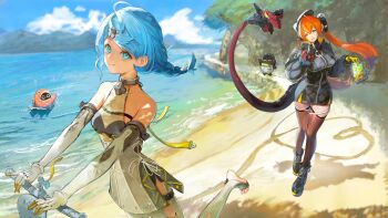 2girls ammunition asymmetrical_gloves bag_of_chips bangboo_(zenless_zone_zero) bare_shoulders black_hat black_horns black_shoes blue_eyes blue_hair blue_sky braid braided_ponytail breasts brown_thighhighs clothing_cutout cloud collarbone commentary_request crossed_bangs curled_horns dress elbow_gloves feet fingerless_gloves flower_hairpin food gloves green_eyes guest_art guri_otoko hair_between_eyes hair_ornament hairpin hat highres holding holding_food horns large_breasts long_hair looking_at_viewer magus_(zenless_zone_zero) mechanical_horns mechanical_tail mercury_(zenless_zone_zero) mismatched_gloves multiple_girls ocean open_mouth orange_hair orange_pupils orphie_magnusson outdoors sand see-through_dress_layer seed_(zenless_zone_zero) segway shoes single_fingerless_glove sky smile stirrup_legwear tail thigh_cutout thighhighs toeless_legwear twintails water white_gloves yellow_gloves zenless_zone_zero zipper_dress