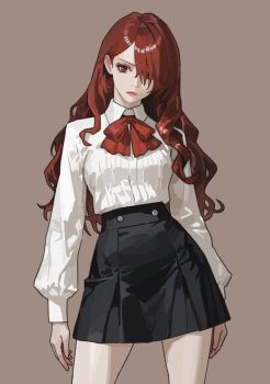 1girl black_skirt bow bowtie brown_background closed_mouth collared_shirt commentary_request cowboy_shot gekkoukan_high_school_uniform h4sh1rnoto hair_over_one_eye highres kirijou_mitsuru lips long_hair long_sleeves looking_at_viewer persona persona_3 persona_3_reload red_bow red_bowtie red_eyes red_hair ribbon school_uniform shirt simple_background skirt solo white_shirt