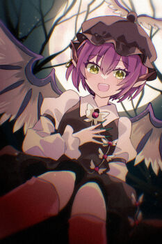 Rule 34 | 1girl, animal ears, bird ears, bird wings, blush, brown dress, commentary request, dress, earrings, feathered wings, fingernails, frilled dress, frills, full moon, green eyes, green nails, happy, hat, highres, jewelry, juliet sleeves, katsuragi atori, kneehighs, long fingernails, long sleeves, mob cap, moon, mystia lorelei, night, open mouth, outdoors, pinafore dress, pink hair, puffy sleeves, red socks, shirt, short hair, sitting, sleeveless, sleeveless dress, smile, socks, solo, teeth, touhou, tree, upper teeth only, white shirt, white wings, winged hat, wings