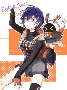 >_< 1girl absurdres ahoge bangboo_(zenless_zone_zero) belle_(zenless_zone_zero) black_shirt black_thighhighs blue_eyes blue_hair blush bracelet breasts character_name clothes_writing commentary_request cowboy_shot crossed_bangs dotted_background dress earclip earrings eous_(zenless_zone_zero) fingerless_gloves gloves grey_skirt hair_between_eyes heart highres hood hooded_jacket jacket jewelry looking_at_viewer medium_breasts mirimiri21 motion_lines open_mouth orange_background orange_gloves outline shirt short_hair single_fingerless_glove single_glove single_thighhigh skirt sleeveless sleeveless_jacket spoken_heart thighhighs two-tone_dress v white_background white_outline zenless_zone_zero