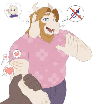 2boys asgore_dreemurr bara beard blonde_hair blue_eyes commentary_request facial_hair fangs floppy_ears furry furry_male gekishiro1 grabbing_another's_arm heart highres horns image_in_speech_bubble image_in_thought_bubble male_focus mars_symbol multiple_boys pink_shirt shirt simple_background skin_fangs solo_focus spoken_mars_symbol toriel undertale utdr_(toby_fox) white_background